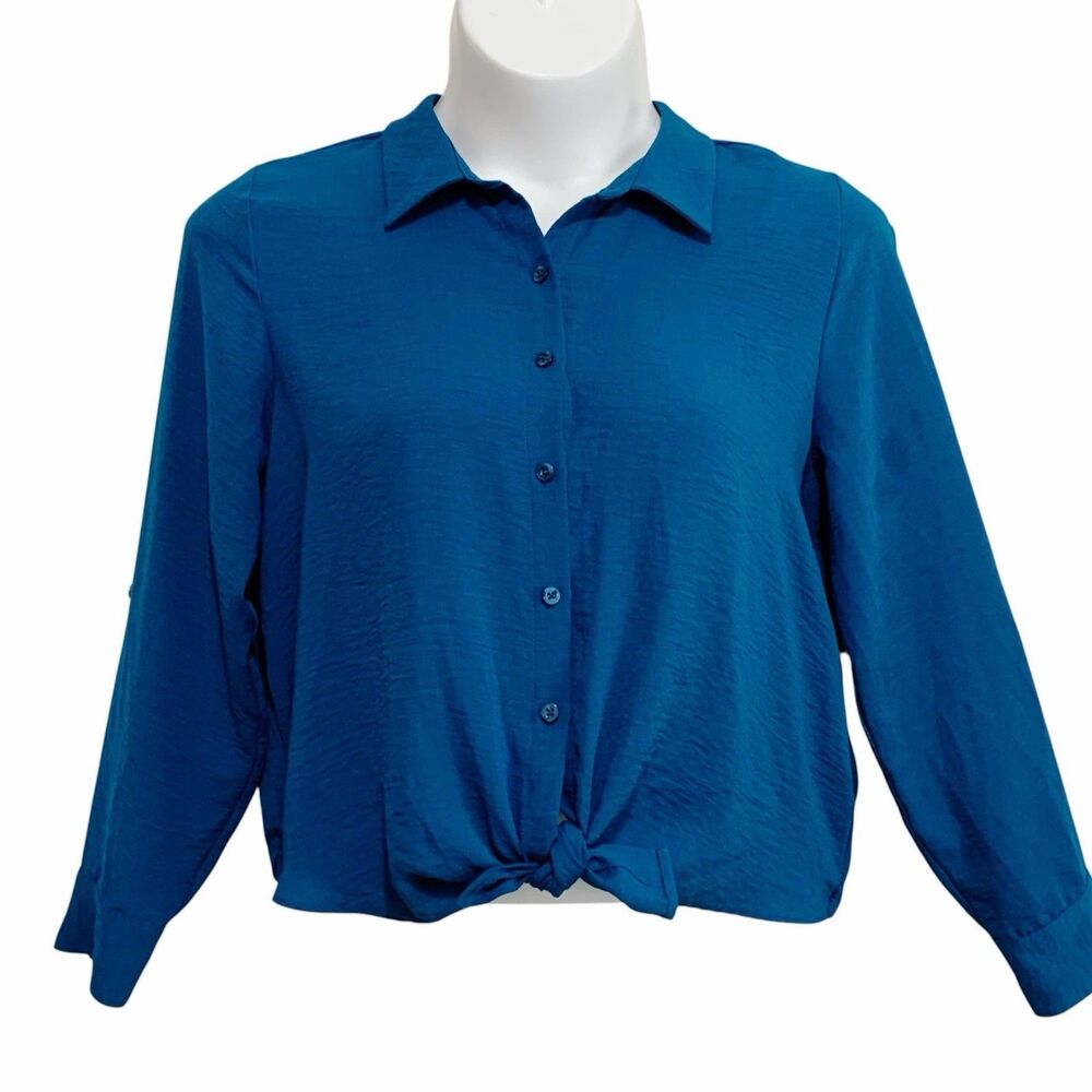 Simply Vera Wang Blouse Women’s Sz Large Teal Long Sleeve Button Up Tie Bottom